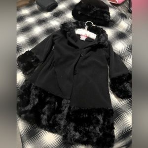 Girls 4T black fleece dress coat with imitation fur lining and matching hat.